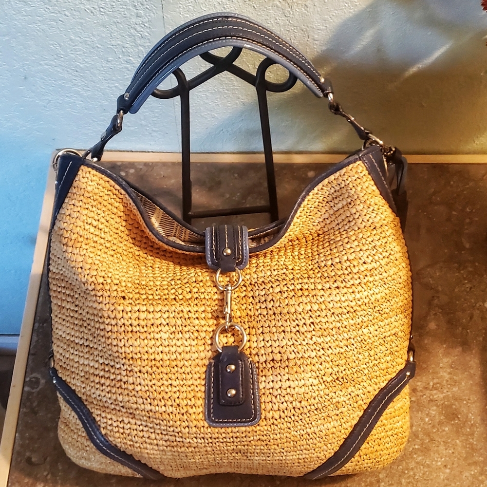 Coach straw tote | large bag | blue leather | perfect condition